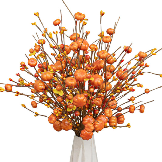 18 Pack Artificial Pumpkin Picks 17” Tall Orange Berry Stems Fall Pumpkin Branches for Autumn Harvest Festival Thanksgiving Day Decor