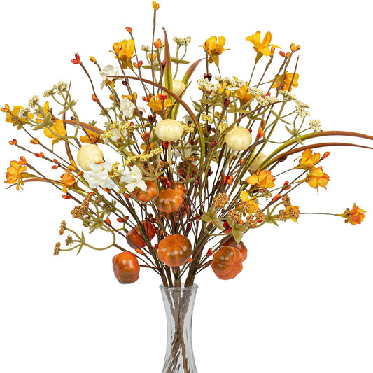 6 PCS 17 Inch Fall Floral Stems Artificial Autumn Flower Picks Pumpkin Sticks Branches with Pip Berries for Thanksgiving Day Harvest Festival Centerpieces Flower Arrangements DIY Crafts