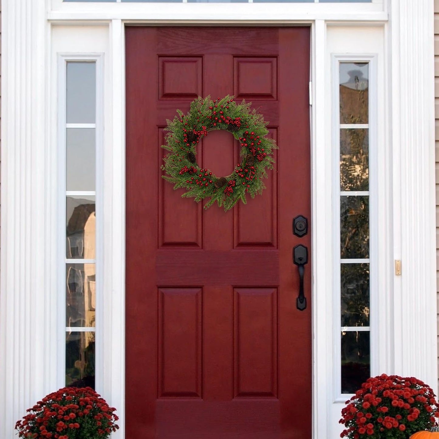 Artificial Christmas Wreath 22 Inch Christmas Wreaths for Front Door Winter Wreath with Red Berries Pine Cones Needles for Indoor Outdoor Xmas Winter Holidays