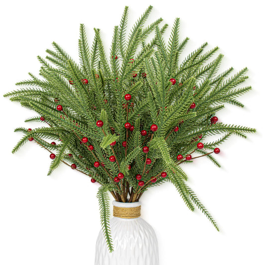 20 PCS Christmas Tree Branches 17 Inch Artificial Berry Stems with Pine Needle Red Berry Picks for Xmas Tree Ornaments Floral Arrangements Centerpieces Christmas DIY Crafts