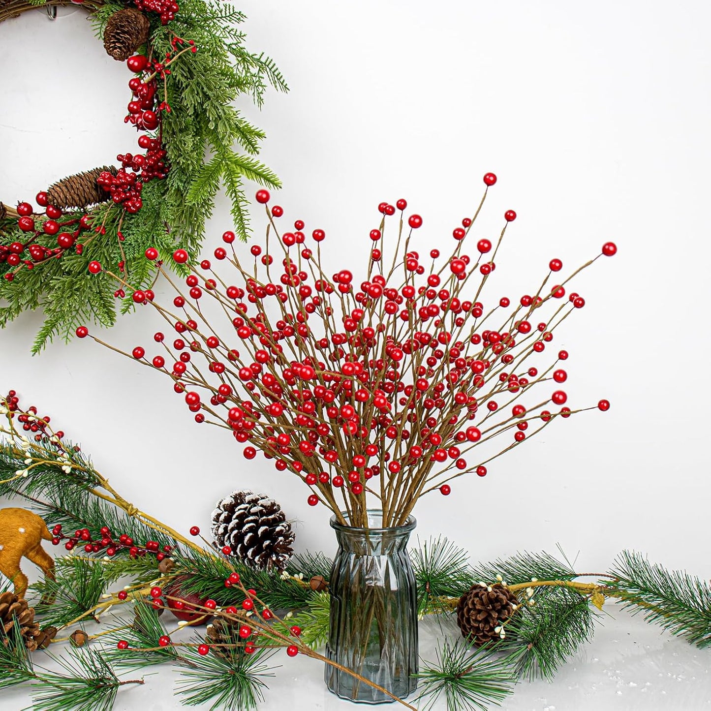 24 Pack Christmas Tree Picks 17 Inch Red Berry Picks Artificial Holly Berry Stems for Xmas Tree Centerpieces Vases Floral Arrangements Winter Holidays