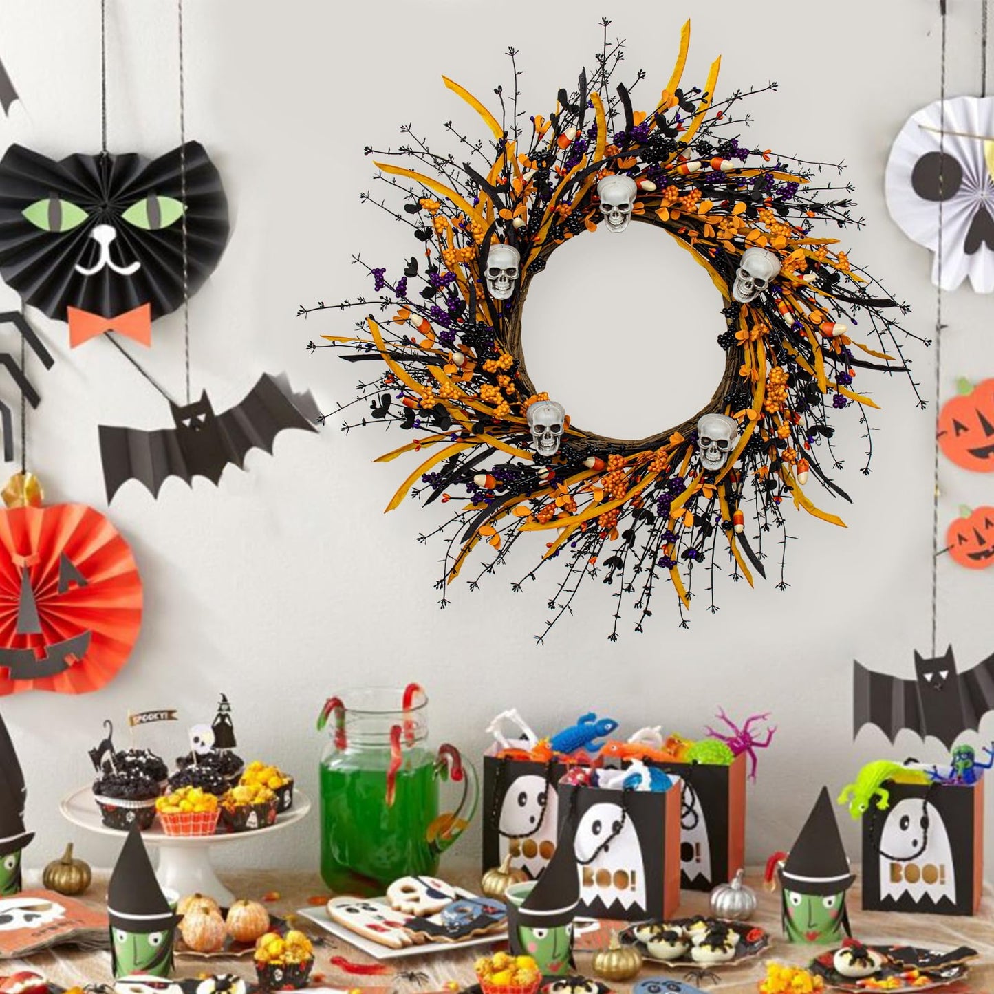 Artificial Halloween Wreath 22 Inch Black Halloween Wreaths for Front Door Skull Wreath with Halloween Candy Berries for Halloween Party Wall Porch Decor