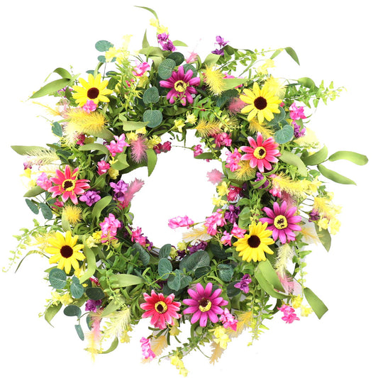 Artificial Summer Wreath 24 Inch Spring Wreaths for Front Door Daisy Flower Wreath with Colorful Flowers for Front Door Wall Spring/Summer Holidays Party