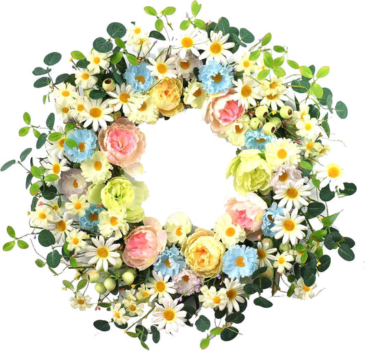 24” Artificial Flower Wreath,Daisy and Rose Wreath Colorful Spring/Summer Floral Wreaths for Front Door Wall Window and Holiday Festival Party Banquet Wedding Decor