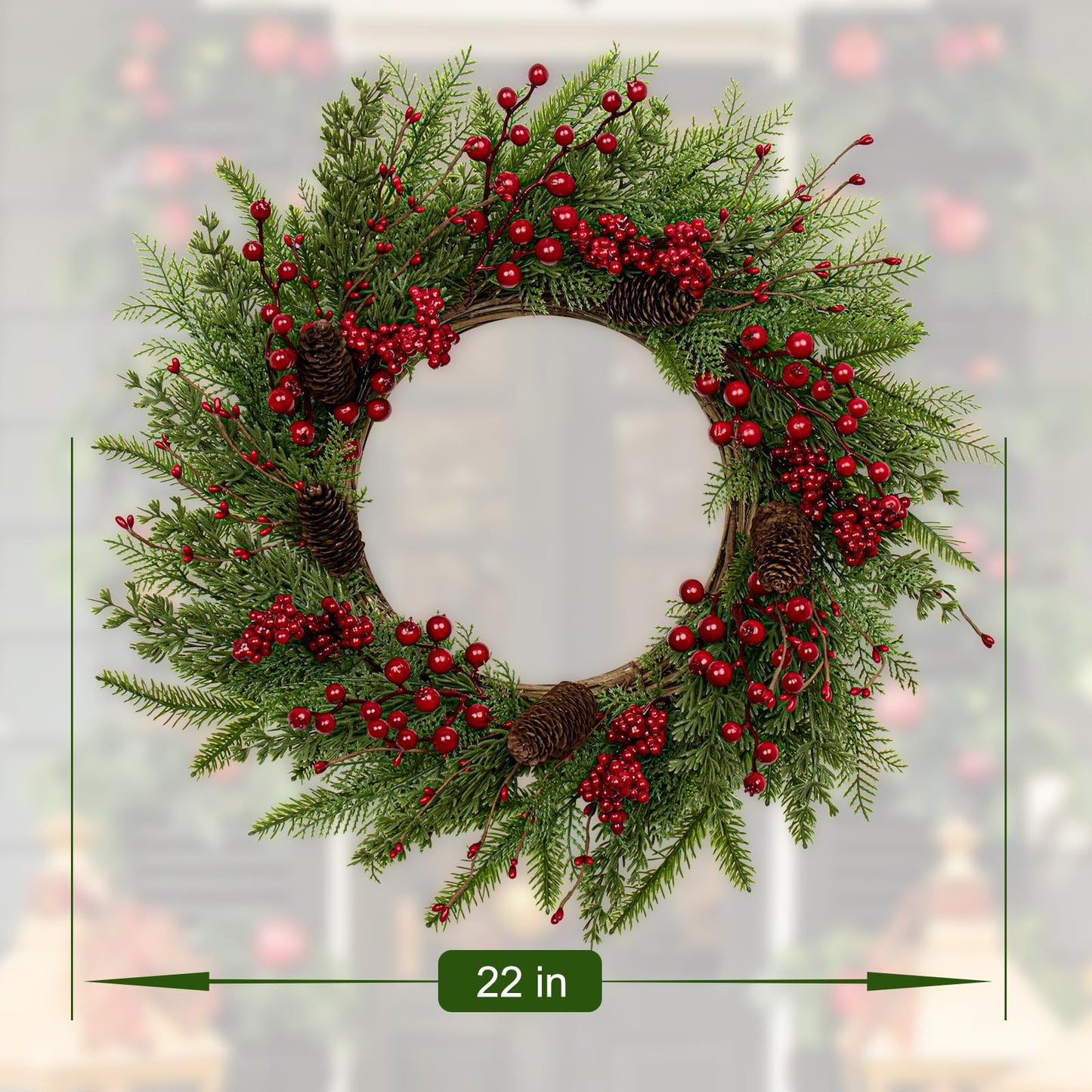 Artificial Christmas Wreath 22 Inch Christmas Wreaths for Front Door Winter Wreath with Red Berries Pine Cones Needles for Indoor Outdoor Xmas Winter Holidays