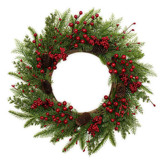 Artificial Christmas Wreath 22 Inch Christmas Wreaths for Front Door Winter Wreath with Red Berries Pine Cones Needles for Indoor Outdoor Xmas Winter Holidays