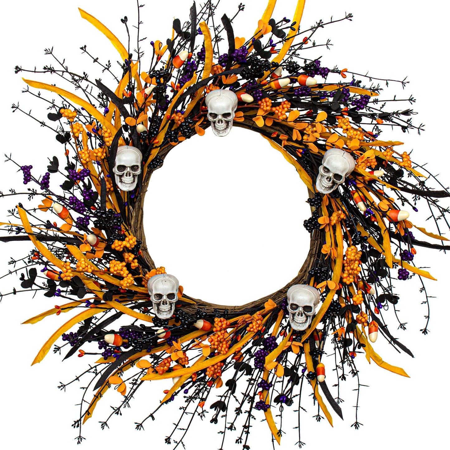 Artificial Halloween Wreath 22 Inch Black Halloween Wreaths for Front Door Skull Wreath with Halloween Candy Berries for Halloween Party Wall Porch Decor