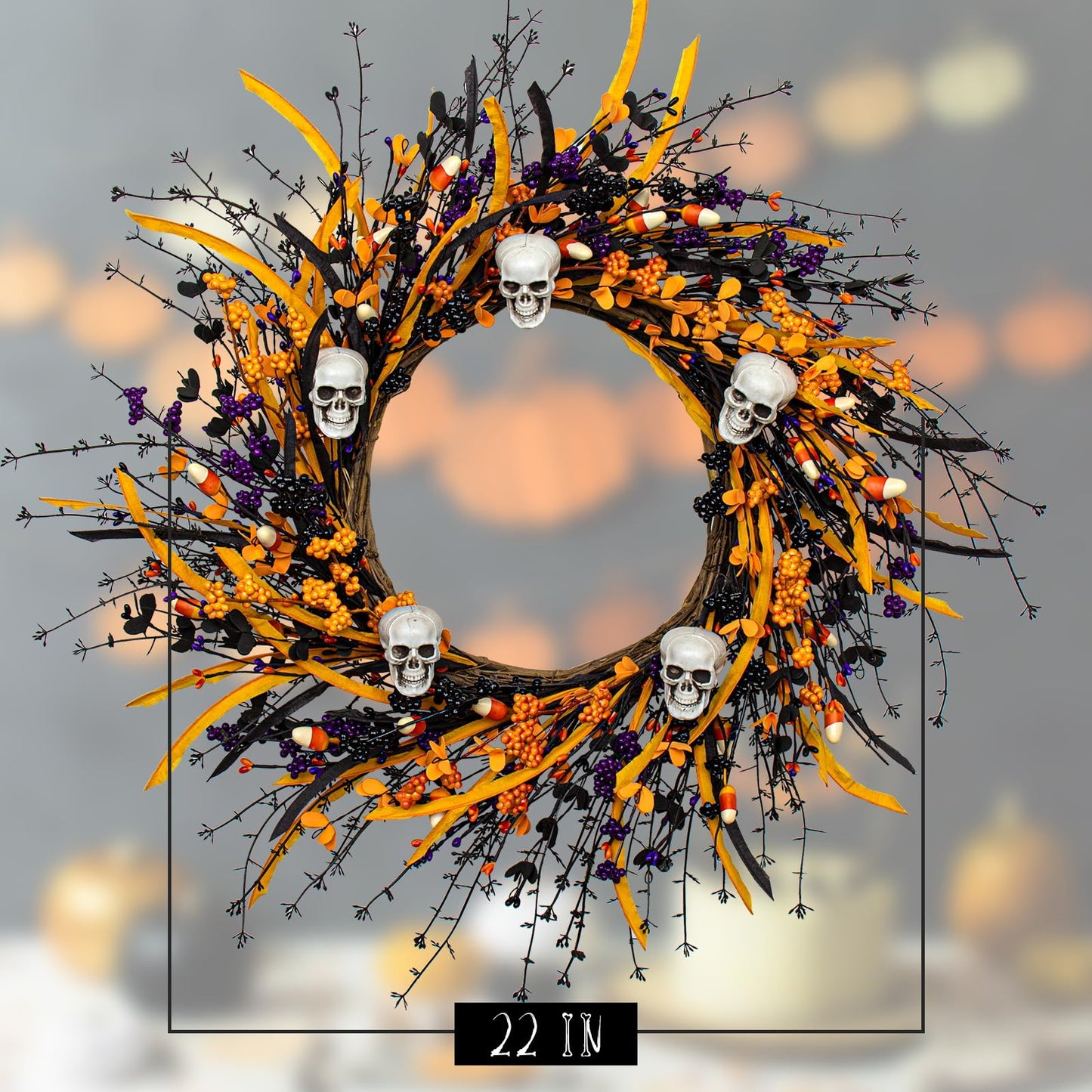 Artificial Halloween Wreath 22 Inch Black Halloween Wreaths for Front Door Skull Wreath with Halloween Candy Berries for Halloween Party Wall Porch Decor