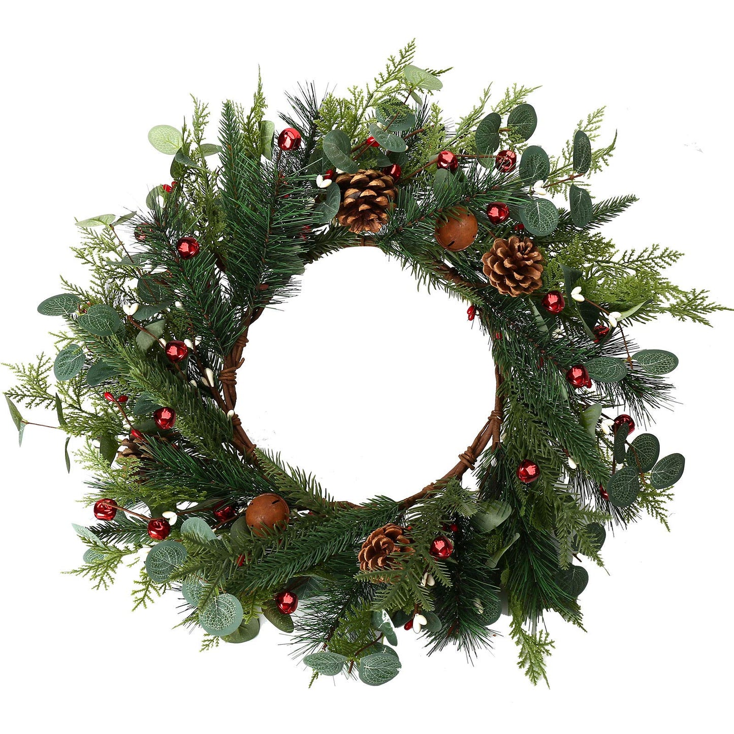 Christmas Wreath,22” Front Door Wreath with Pine Needles Pine Cones Rusty Bells for Home Front Door Wall and Christmas Decor