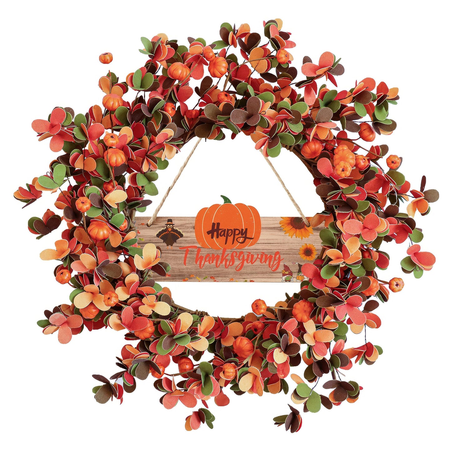 Artificial Fall Wreath 20 Inch,Autumn Wreath with Happy Thanksgiving Sign Fall Wreaths for Front Door with Fall Foliage and Small Pumpkins for Fall Home Decor and Thanksgiving Celebration