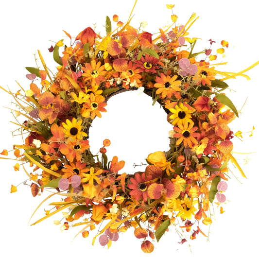 22" Fall Wreaths for Front Door Artificial Fall Wreath Floral Autumn Wreath with Colorful Daisies Orange Foliage for Indoor Outside Door Harvest Festival Thanksgiving Day Celebration