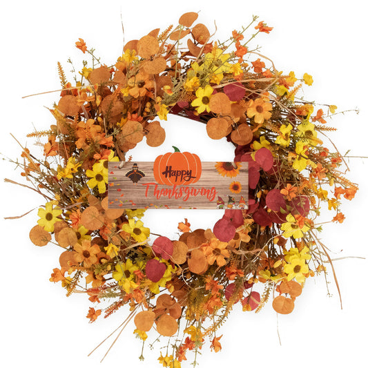 22 Inch Fall Orange Flower Wreath Artificial Floral Wreaths for Front Door Autumn Wreaths with Orange Daisies and Eucalyptus Leaves Rustic Thanksgiving Day Wreath for Home Farmhouse Decor